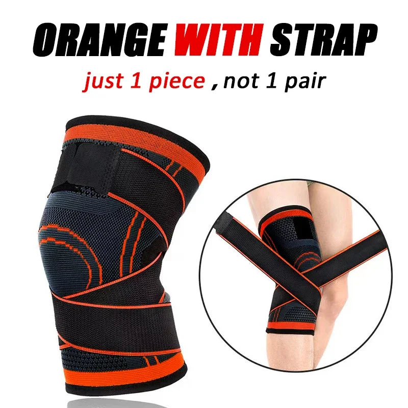 Orange sports knee pad with strap, shown in a full view and close-up of application.