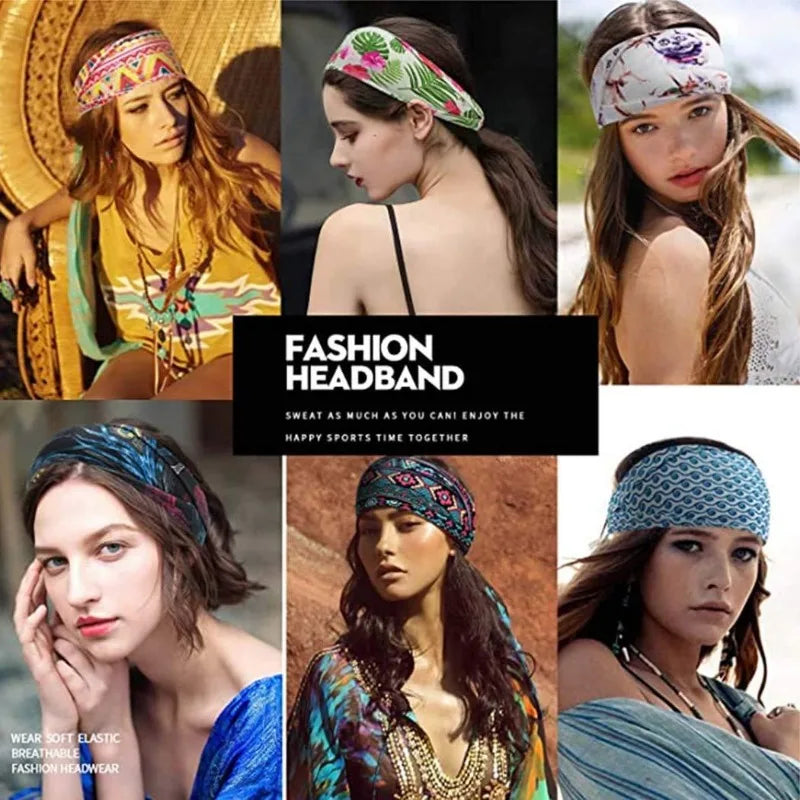 Eine Sammlung von Frauen, die verschiedene Boho-Twist-Stoff-Haarbänder in farbenfrohen Mustern und Stilen tragen.