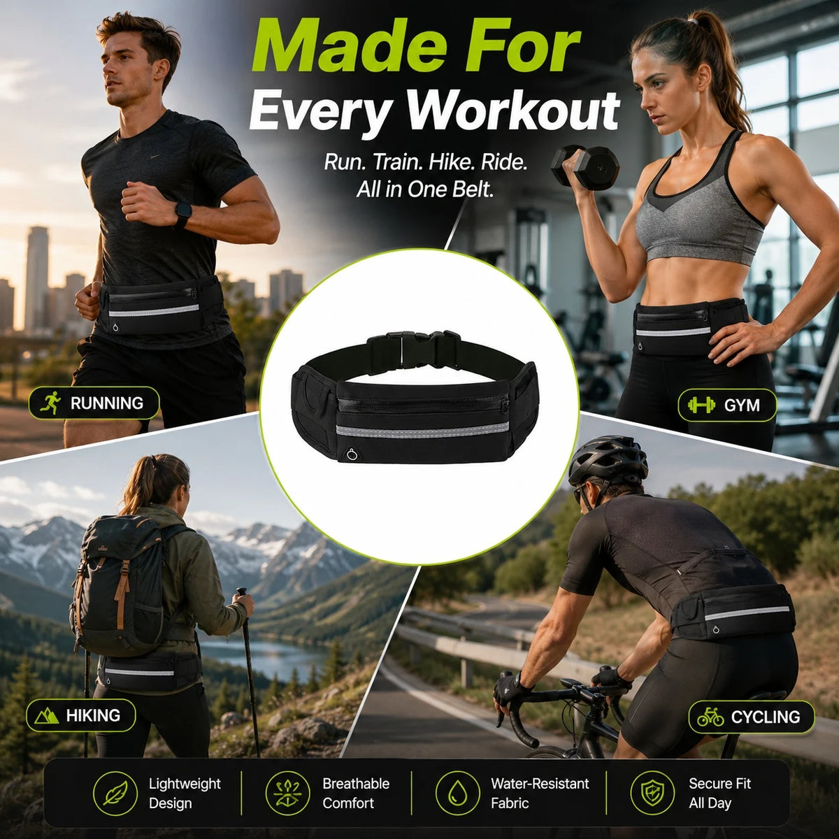 A waterproof waist pack is shown being used by athletes for various activities like running, hiking, and cycling.