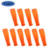 Five pairs of bright orange football shin guards for leg protection