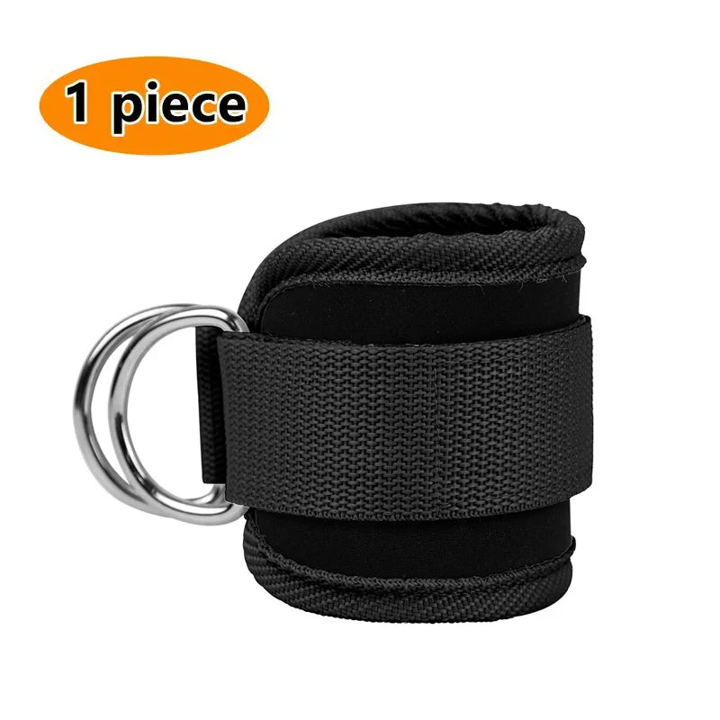Black adjustable neoprene ankle strap with a metal clasp for leg training.