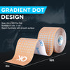 Roll of gradient dot design kinesiology tape in peach color shown next to a measuring tape.
