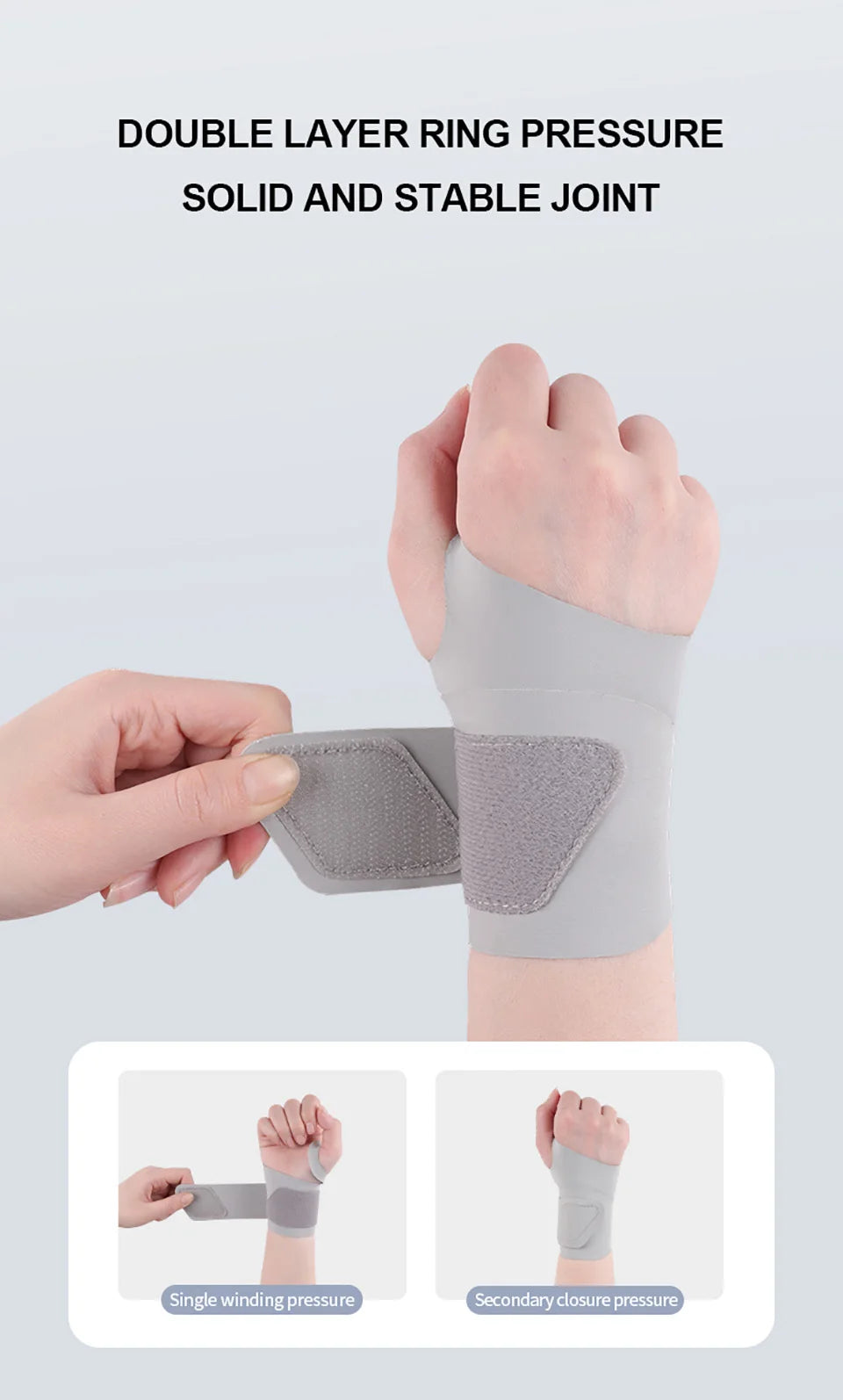 Una mano lleva una férula gris para anillos de doble presión para proporcionar una articulación sólida y estable.