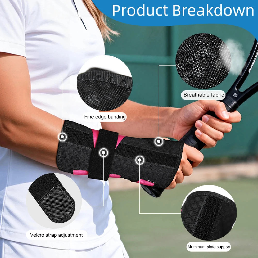 A hand is wearing a black wrist brace with fine edge banding, Velcro strap adjustment, and an aluminum plate support.