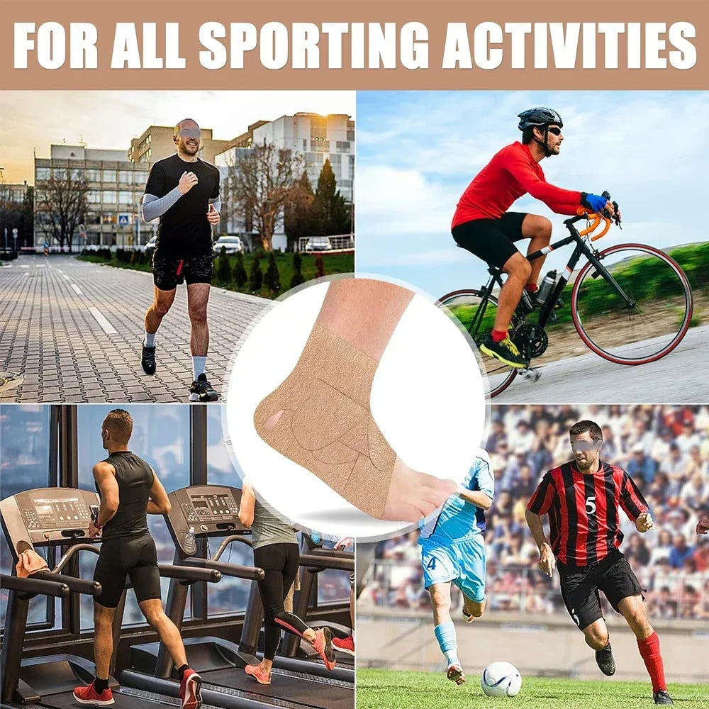 A collection of images showing pre-cut kinesiology support tape used for various sporting activities.