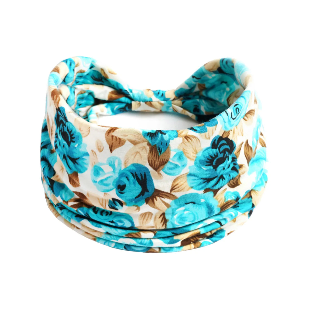 Blau-weißes Baumwoll-Yoga-Headband mit Blumenmuster, um den Kopf gebunden.