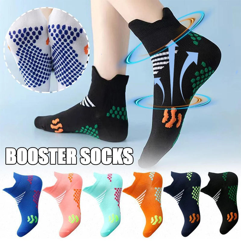 A variety of black and colored booster socks are displayed, showing different patterns and colors.