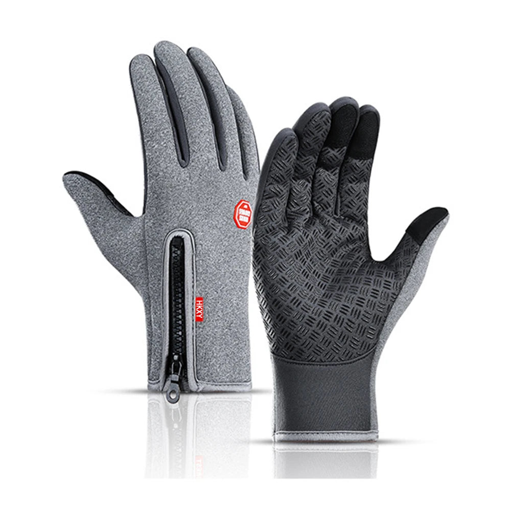 Une paire de gants de vélo et de sport en polaire imperméable gris et noir, présentés côte à côte.