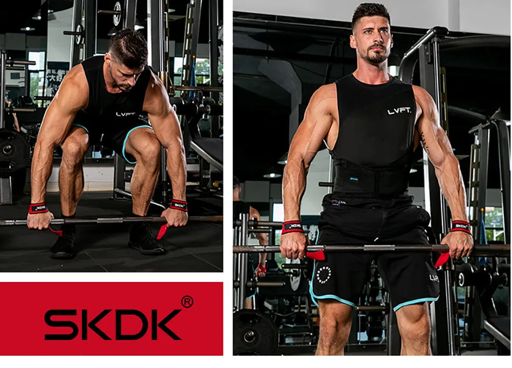 A muscular man performing a weightlifting exercise using heavy-duty wrist straps in a gym setting.