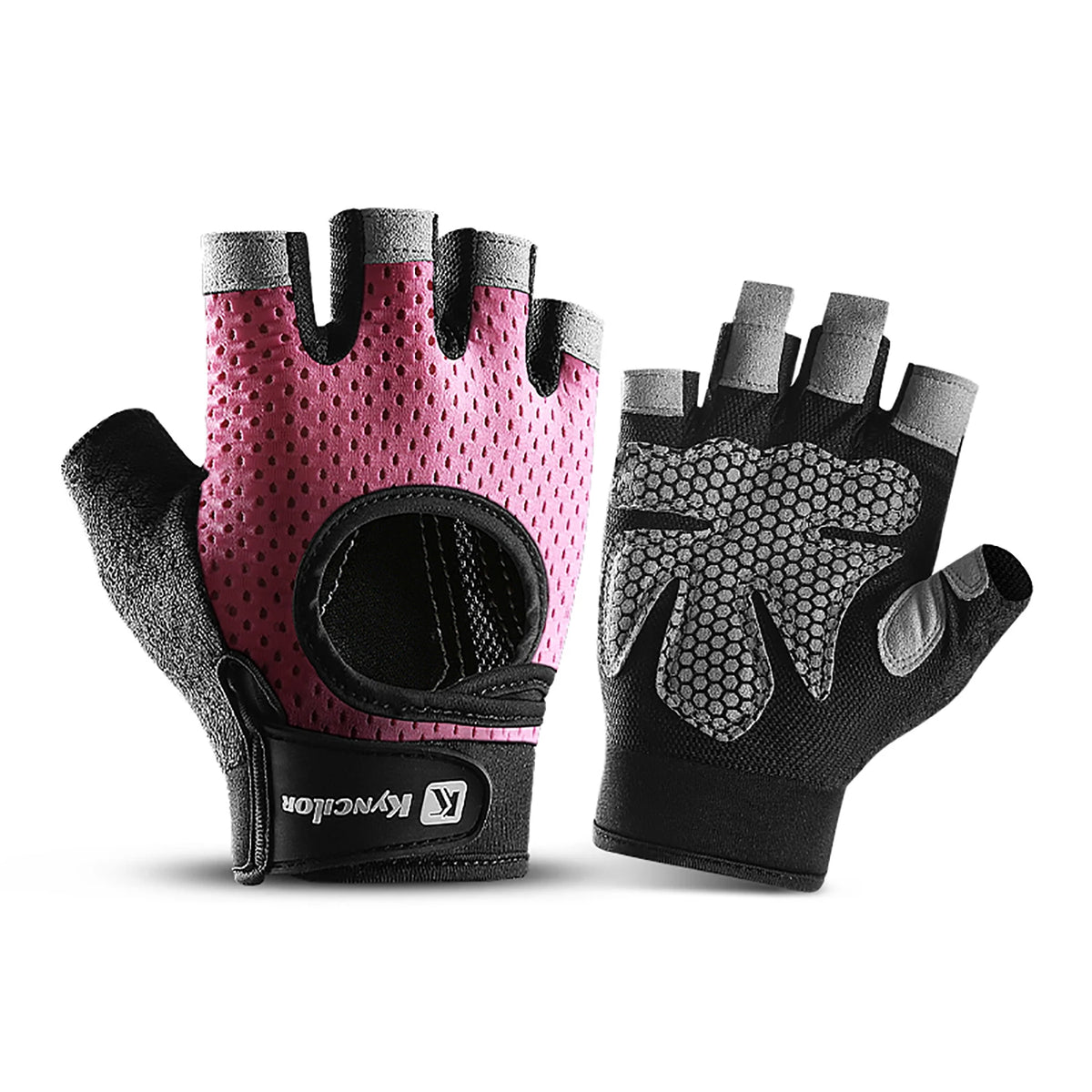 Ein Paar schwarze und rosa atmungsaktive Silikon-Radfahrhandschuhe zum Gewichtheben auf weißem Hintergrund.