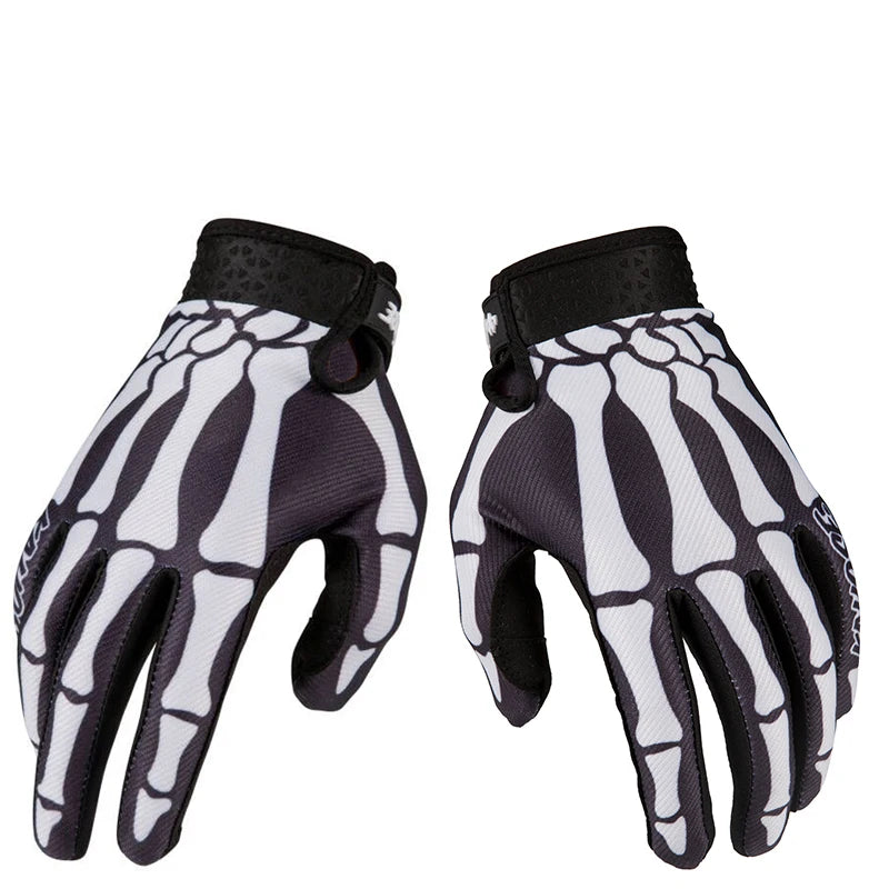 A pair of black and white full-finger motocross and off-road cycling gloves.