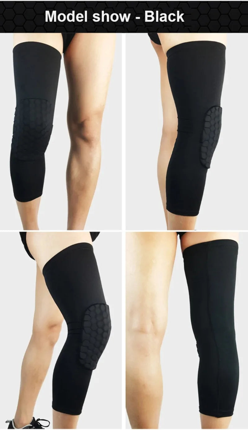 Black compression knee pads shown on a model's leg, demonstrating the fit and design.
