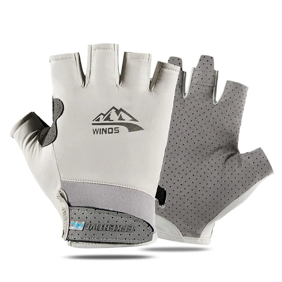 A pair of light gray and white sports gloves with a winds logo on the palm.