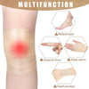 A roll of beige athletic binding tape applied to a person's leg, demonstrating functions like pain relief and warmth.