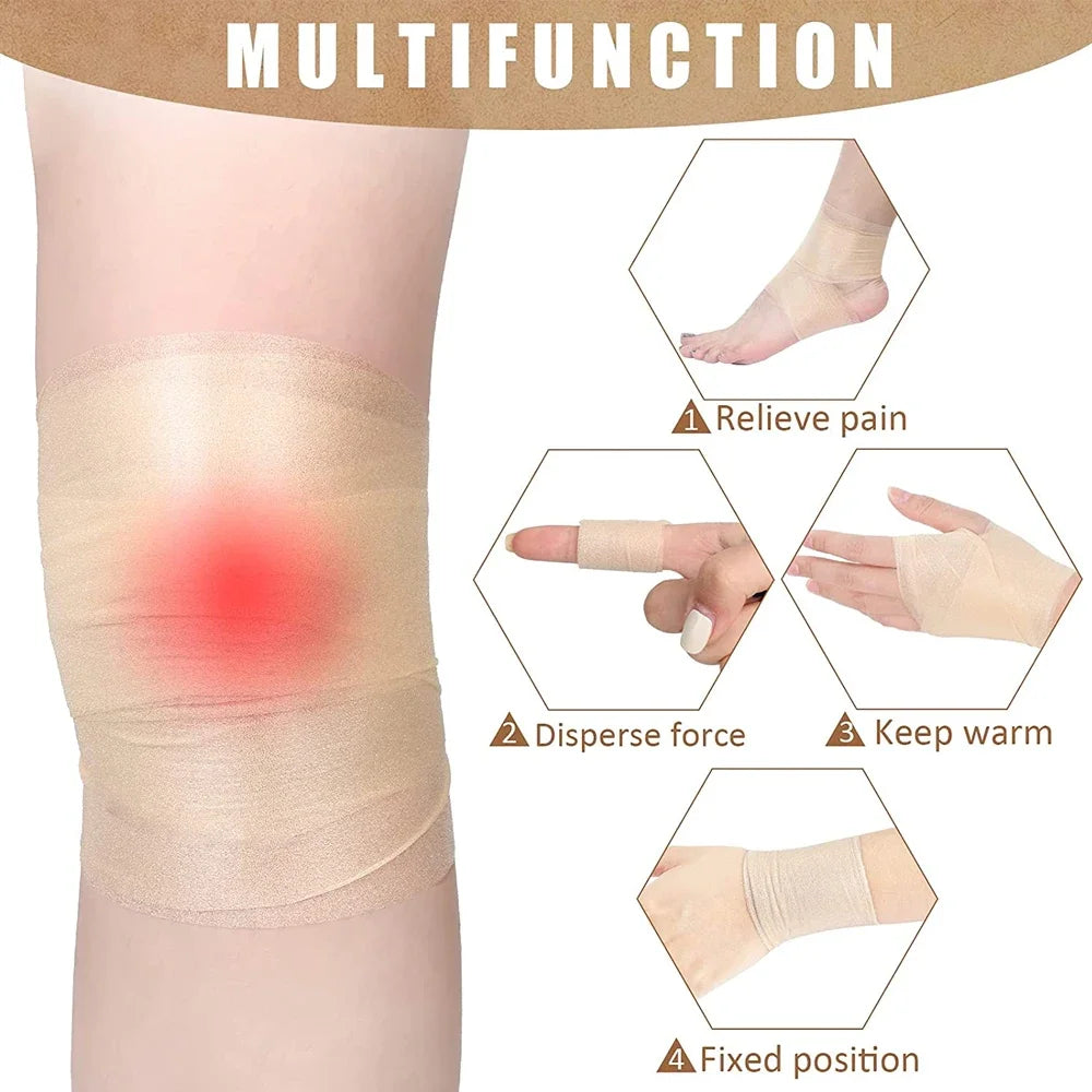 A roll of beige athletic binding tape applied to a person's leg, demonstrating functions like pain relief and warmth.