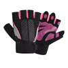 Black fingerless weightlifting gloves with pink accents and wrist support shown from above.