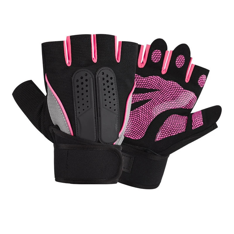 Black fingerless weightlifting gloves with pink accents and wrist support shown from above.