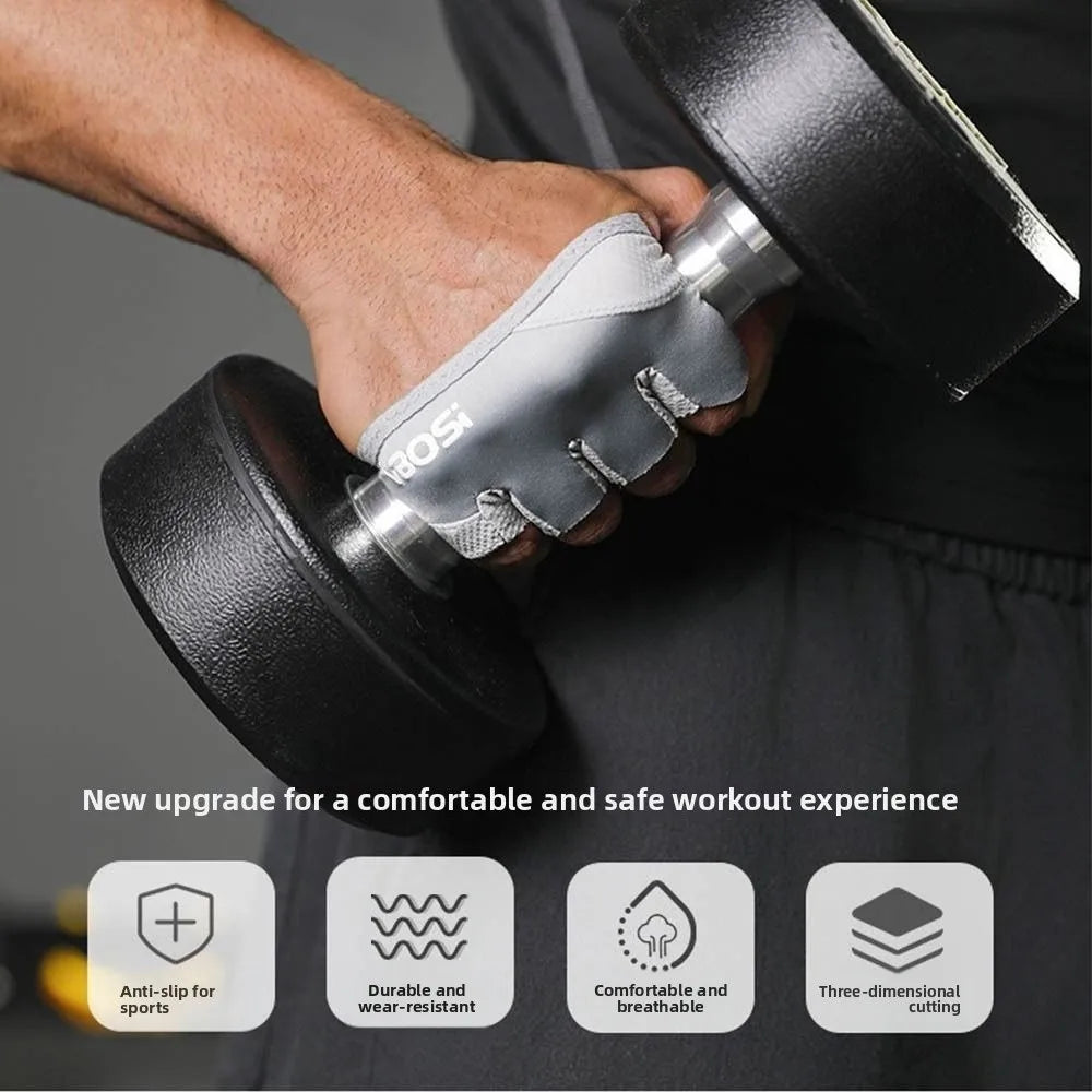 A hand wearing ergonomic anti-slip gym lifting gloves grips a black weight, showing an upgrade for a workout experience.