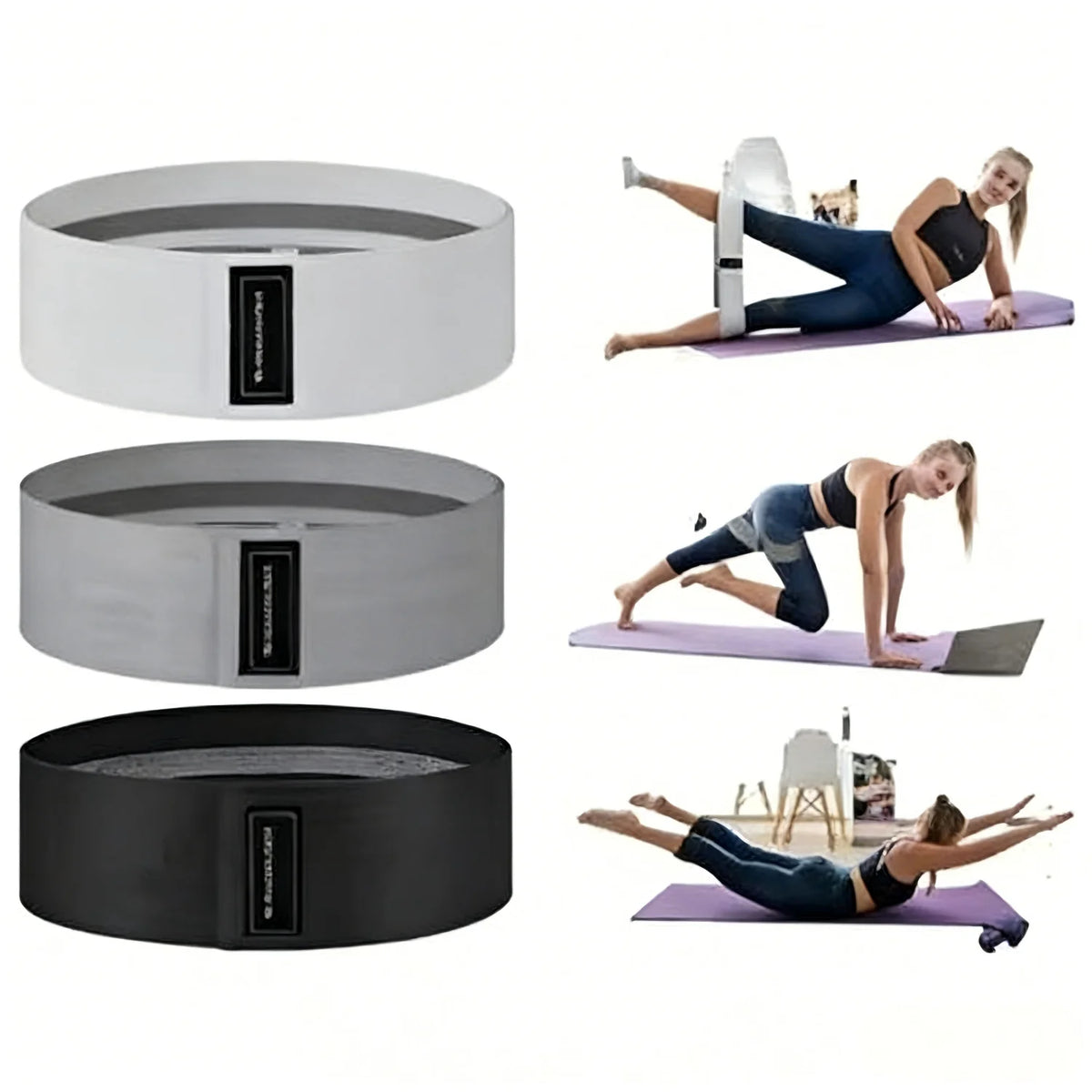 A set of black fabric resistance bands shown in various forms and used for glute and leg workouts.