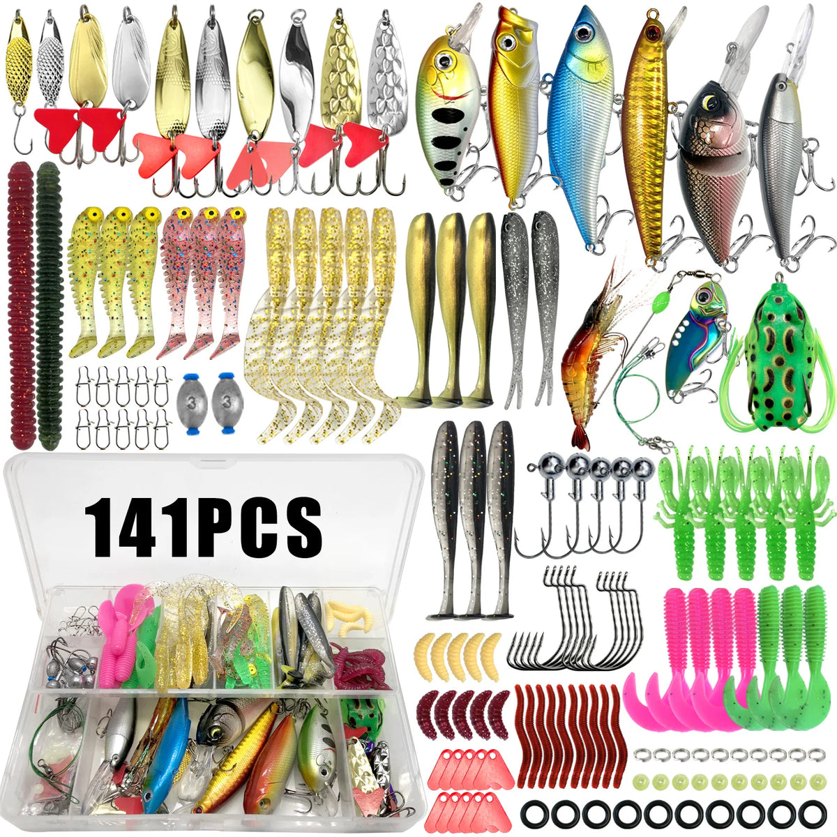 A variety of fishing lures including spoons, spinners, plugs, and jigs are displayed in an open box.