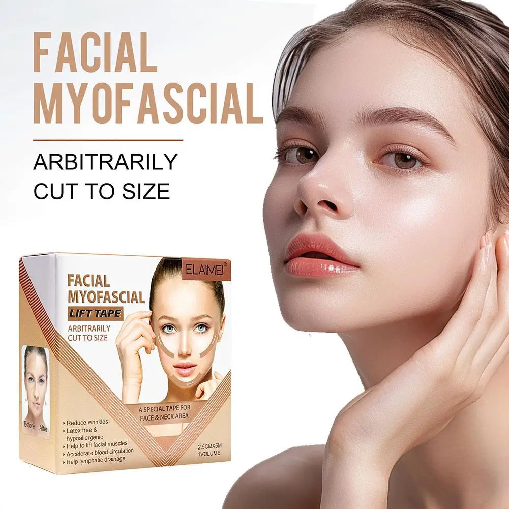 Box of facial myofascial lift tape shown next to a woman's face demonstrating its use.