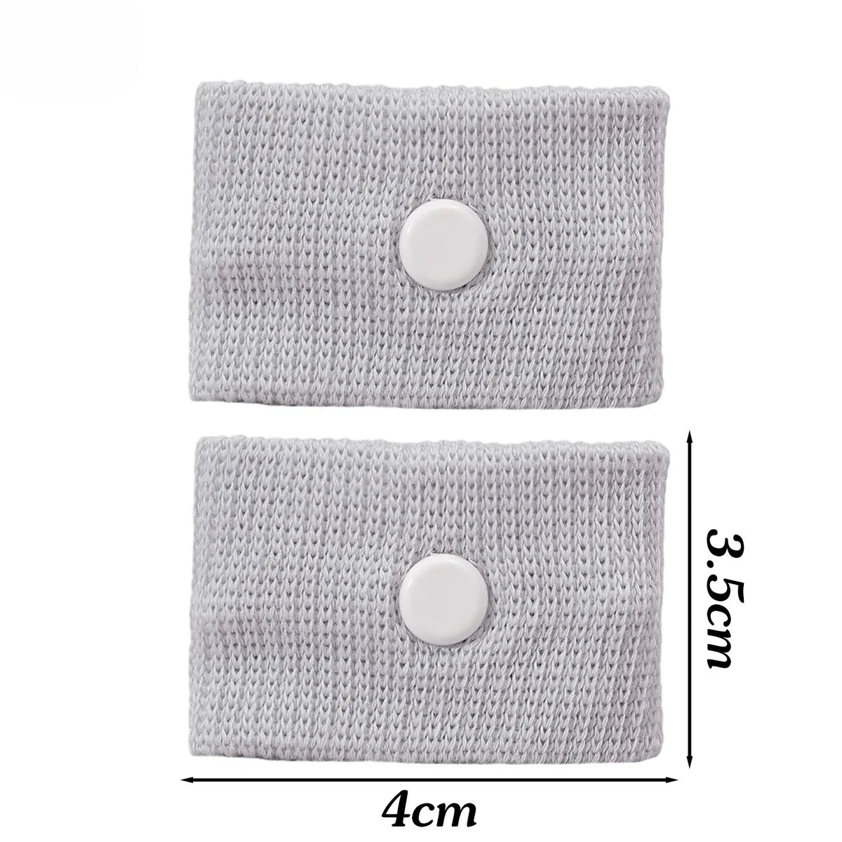 A pair of light gray knitted wristbands designed for anti-nausea and motion sickness relief.