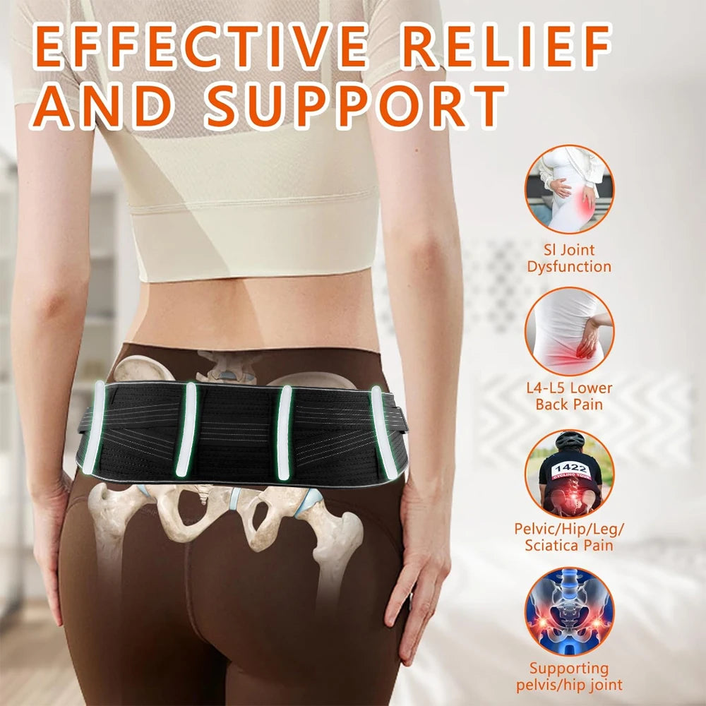 A woman wears a black support belt for lower back pain relief and support.