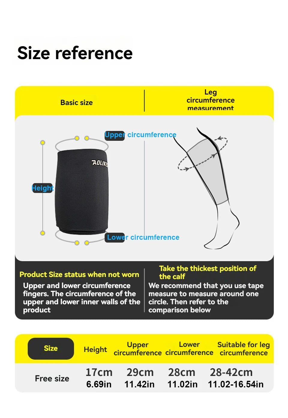 Size reference chart showing dimensions for a knee sleeve product.