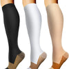 Three pairs of women's compression socks in black, white, and beige shown on a foot.