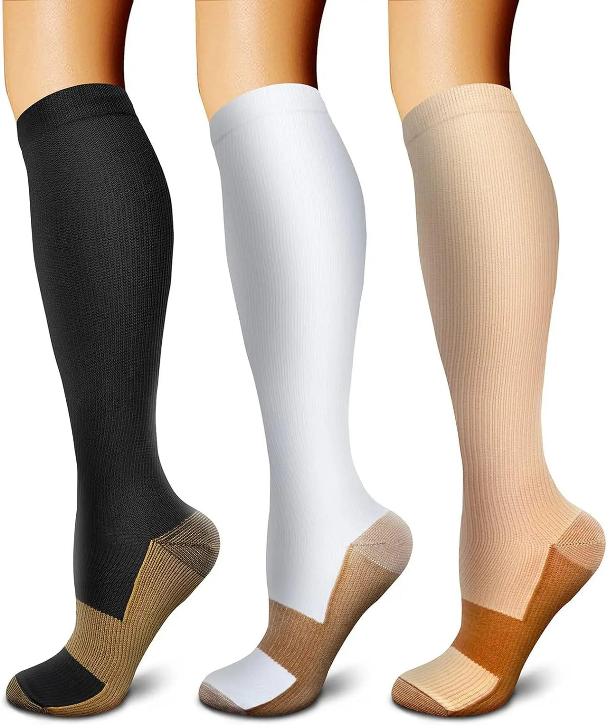 Three pairs of women's compression socks in black, white, and beige shown on a foot.