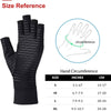 Black compression gloves with size reference chart showing hand circumference measurements in inches and centimeters