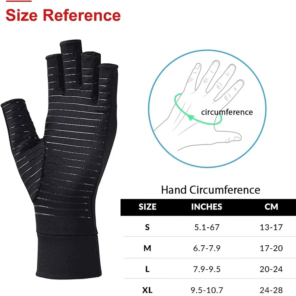 Black compression gloves with size reference chart showing hand circumference measurements in inches and centimeters