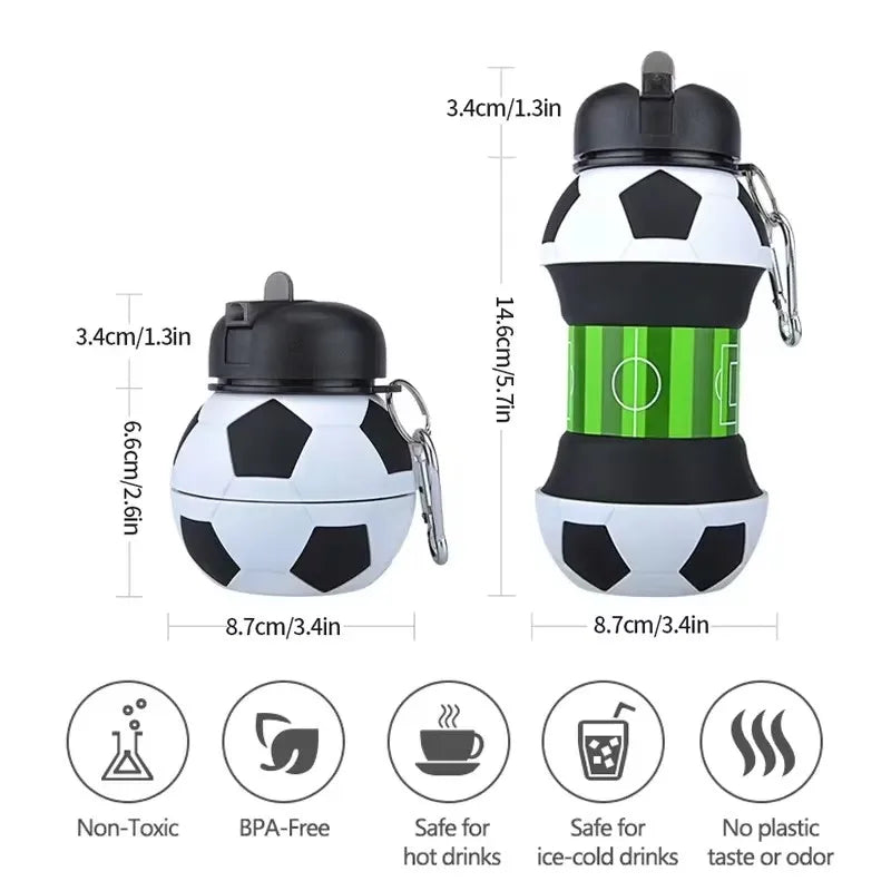 A white and black foldable silicone sports water bottle with a black cap and carrying loop.