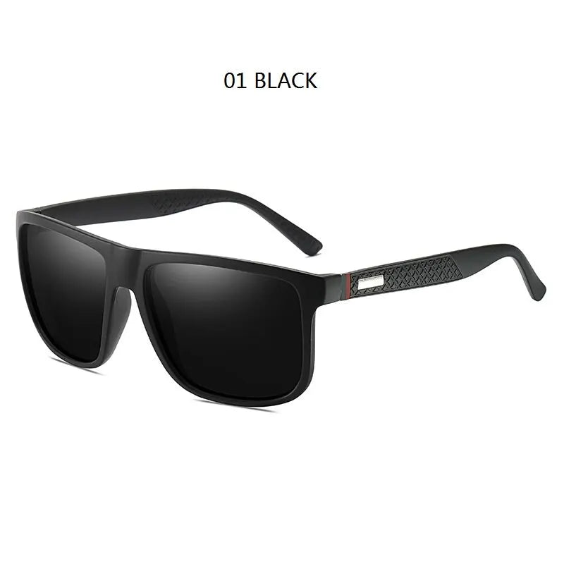 Black classic square sunglasses with a textured arm and dark lenses