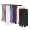 A set of women's thin stretch elastane gloves in various solid colors including beige, gray, purple, and black.