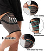 Close-up diagram showing features of anti-slip copper thigh compression sleeves including elastic knitting, balanced pressuri