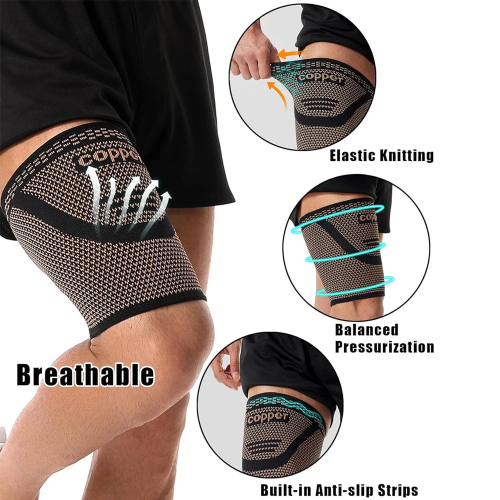 Close-up diagram showing features of anti-slip copper thigh compression sleeves including elastic knitting, balanced pressuri