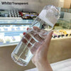 A hand holds a clear, transparent sports water bottle filled with water in a commercial setting.
