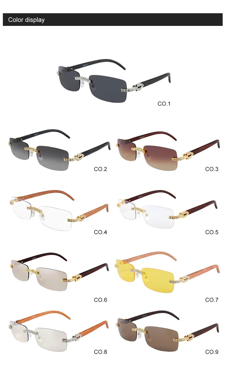 Una colección de nueve pares de gafas de sol sin montura de diamantes de imitación en varios colores y estilos.