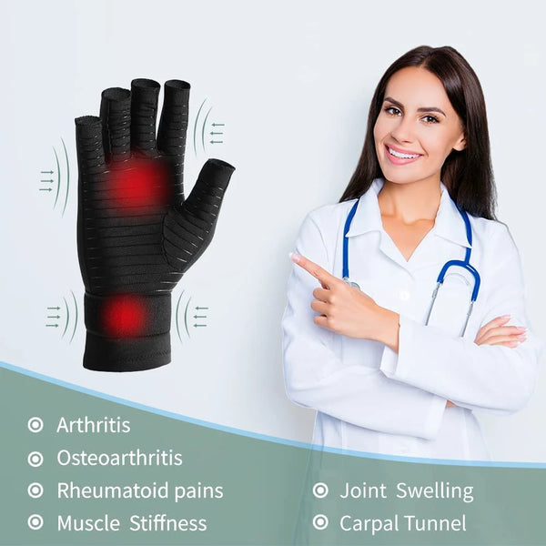 A woman in a lab coat points to a black compression glove, illustrating relief for arthritis and joint issues.
