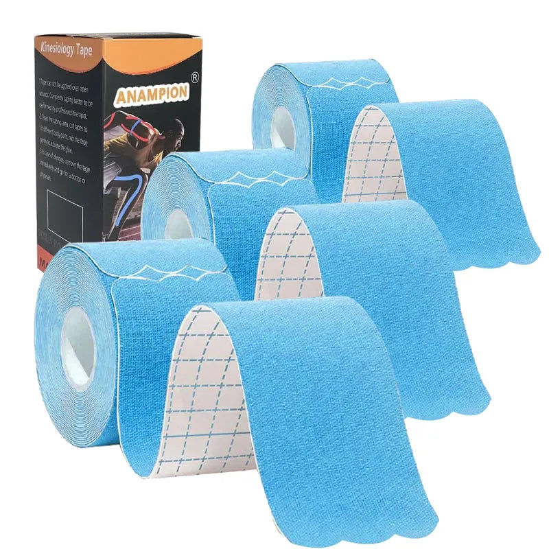 Rolls of blue kinesiology tape for joint and muscle support displayed next to the packaging box.