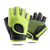 A pair of neon yellow and black breathable half-finger cycling and fitness gloves shown against a white background.