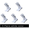Five pairs of white anti-slip silicone grip football socks displayed in various angles.
