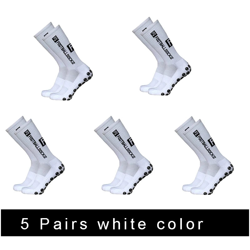 Five pairs of white anti-slip silicone grip football socks displayed in various angles.