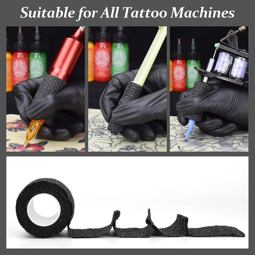Black self-adhesive tattoo grip tape used for holding tattoo machines