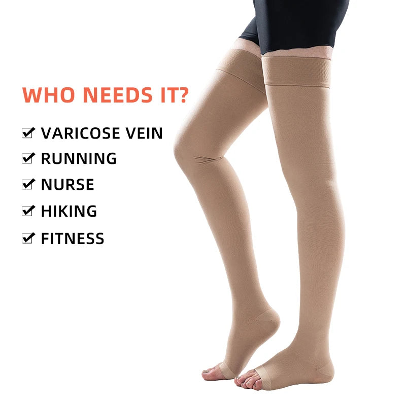A pair of beige medical compression stockings being worn on legs.
