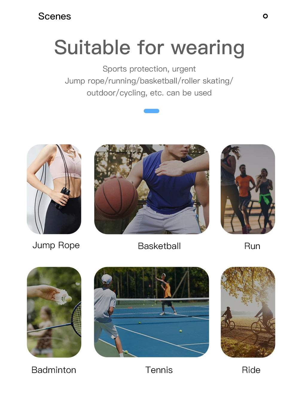 Eine Sammlung von Sportarten, darunter Seilspringen, Basketball, Laufen, Badminton, Tennis und Reiten.