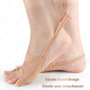 A close-up of a tan elastic band design for foot health, showing the strap on a person's foot.