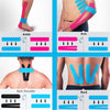 Various applications of kinesiology tape on the ankle, arm, back shoulder, and back for joint and muscle support.