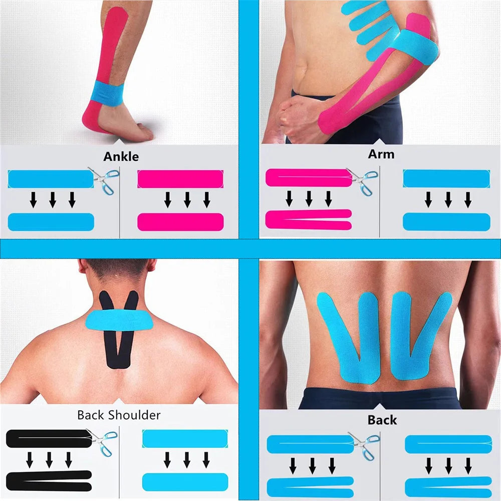 Various applications of kinesiology tape on the ankle, arm, back shoulder, and back for joint and muscle support.